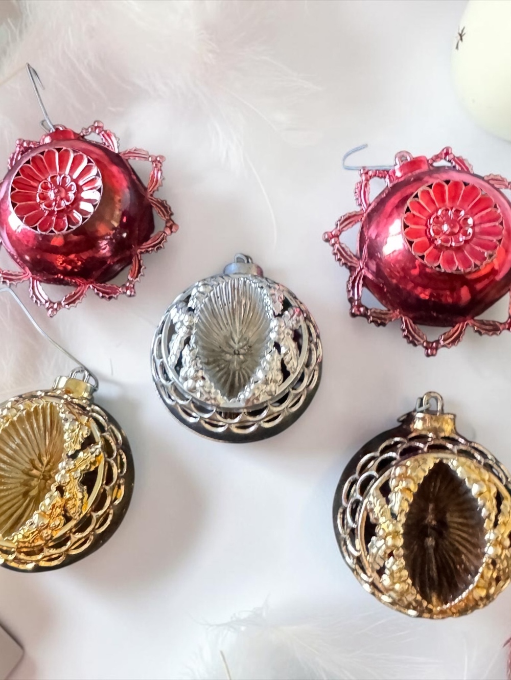 Vintage Mid-Century Christmas Glass Ornaments Set of 5 Red, Gold, and Silver